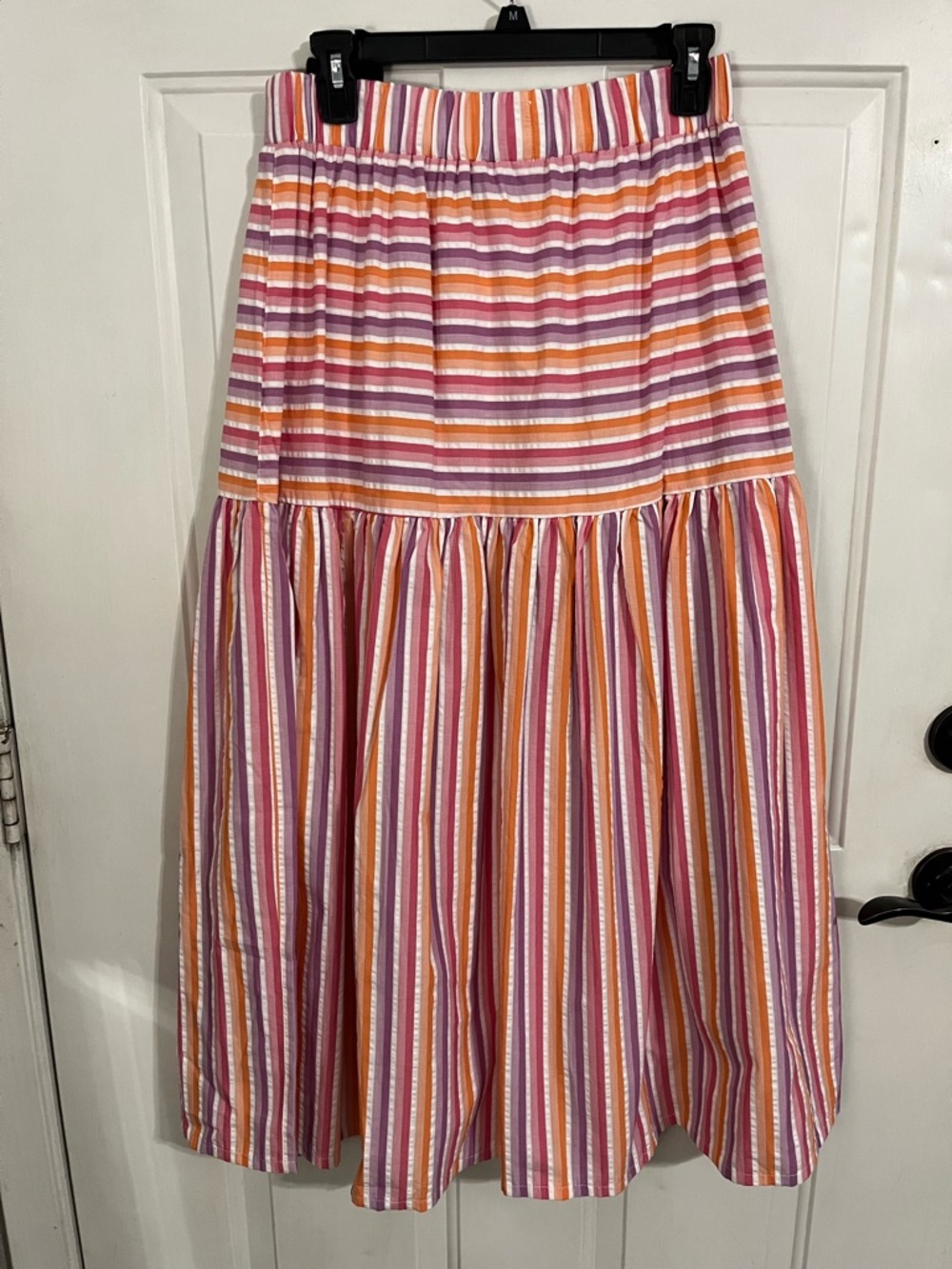 Striped Pink, Orange & White Maxi Skirt with Elastic Waist